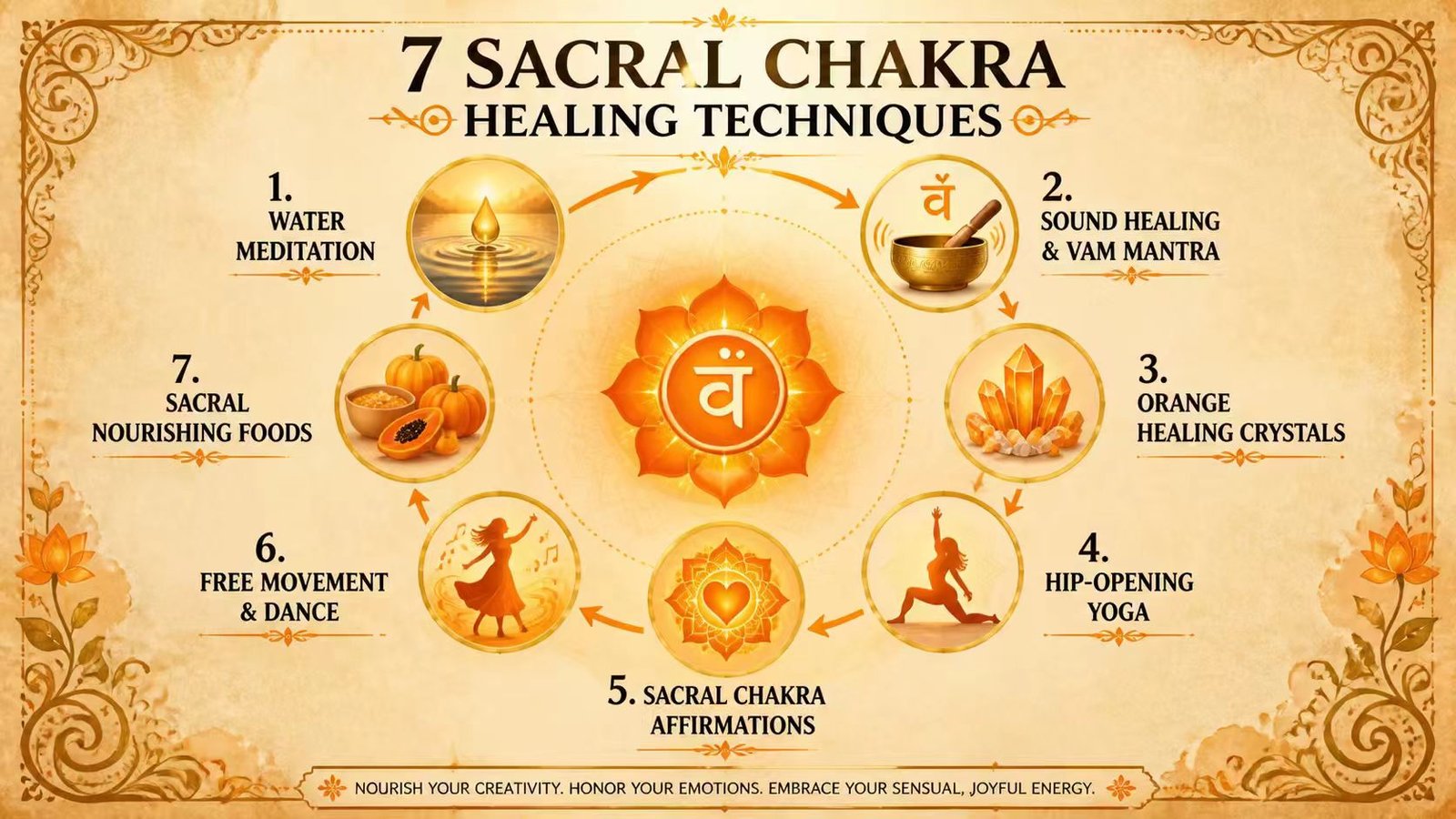 7 sacral chakra healing techniques infographic: water meditation, sound healing and VAM mantra, orange healing crystals, hip-opening yoga, sacral chakra affirmations, free movement and dance, sacral nourishing foods