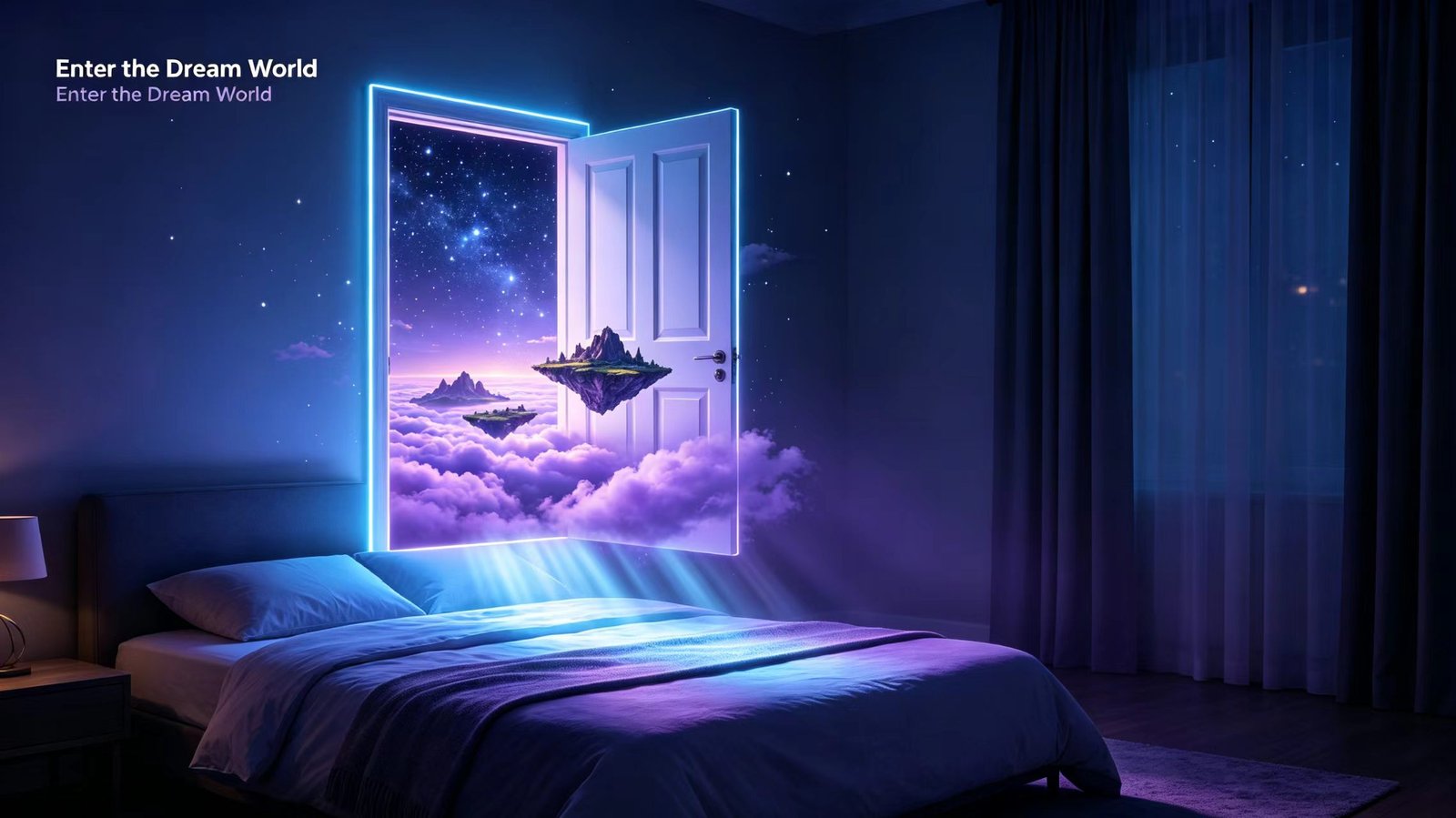 Surreal dream gateway opening above a bedroom, showing stars, floating islands and soft purple dream light.