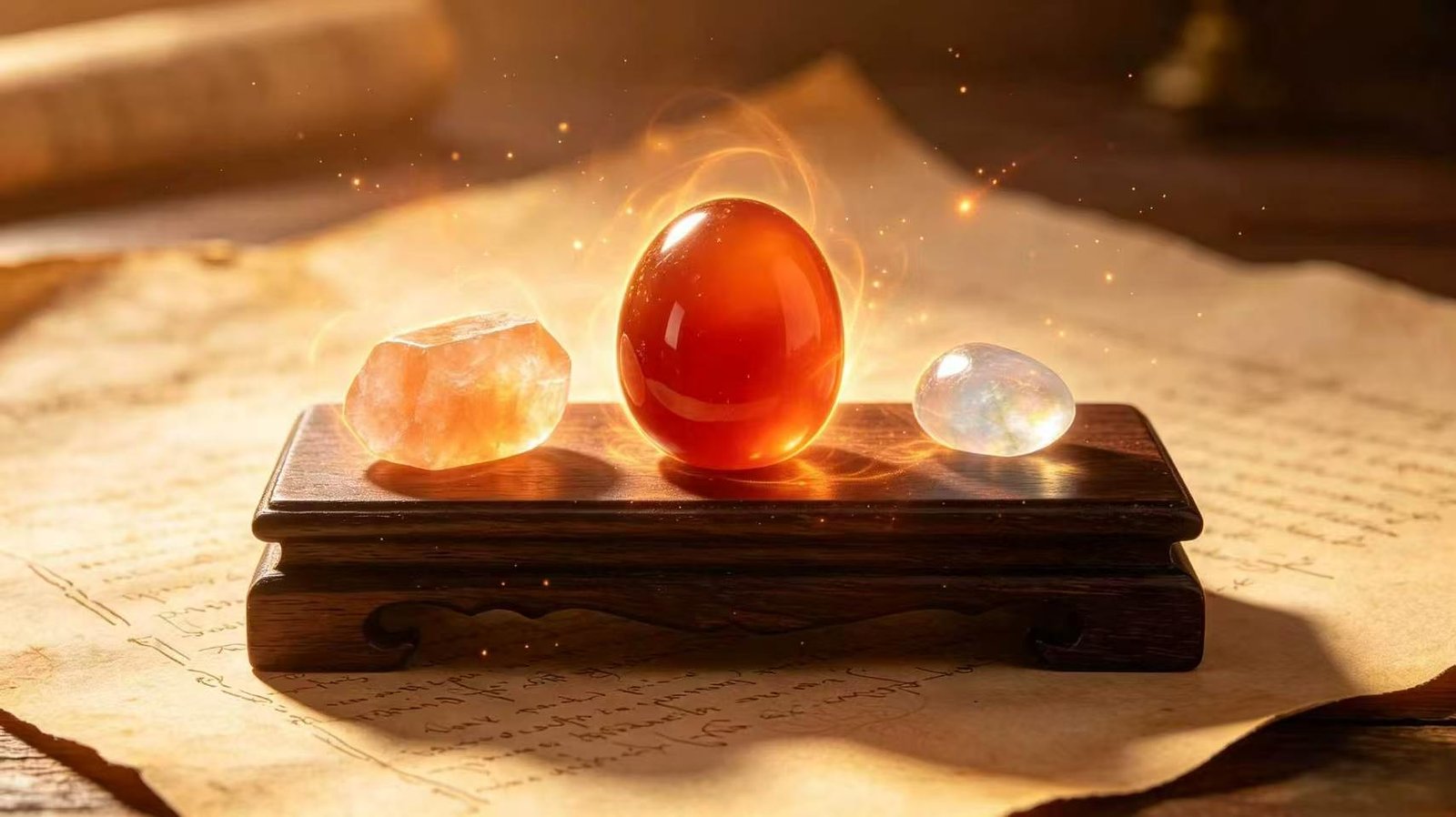 Sacral chakra healing crystals, carnelian, orange calcite, moonstone for unblocking svadhisthana