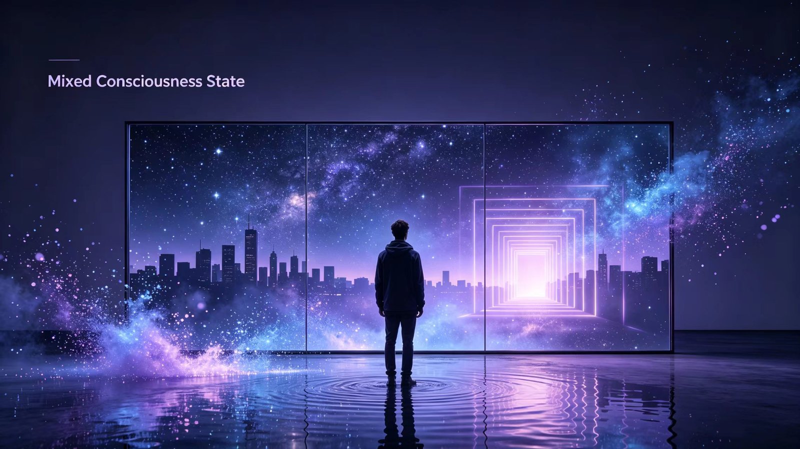 how to lucid dream naturally~Mixed consciousness state illustration with a person standing before a mirror that reveals a cosmic dream portal.