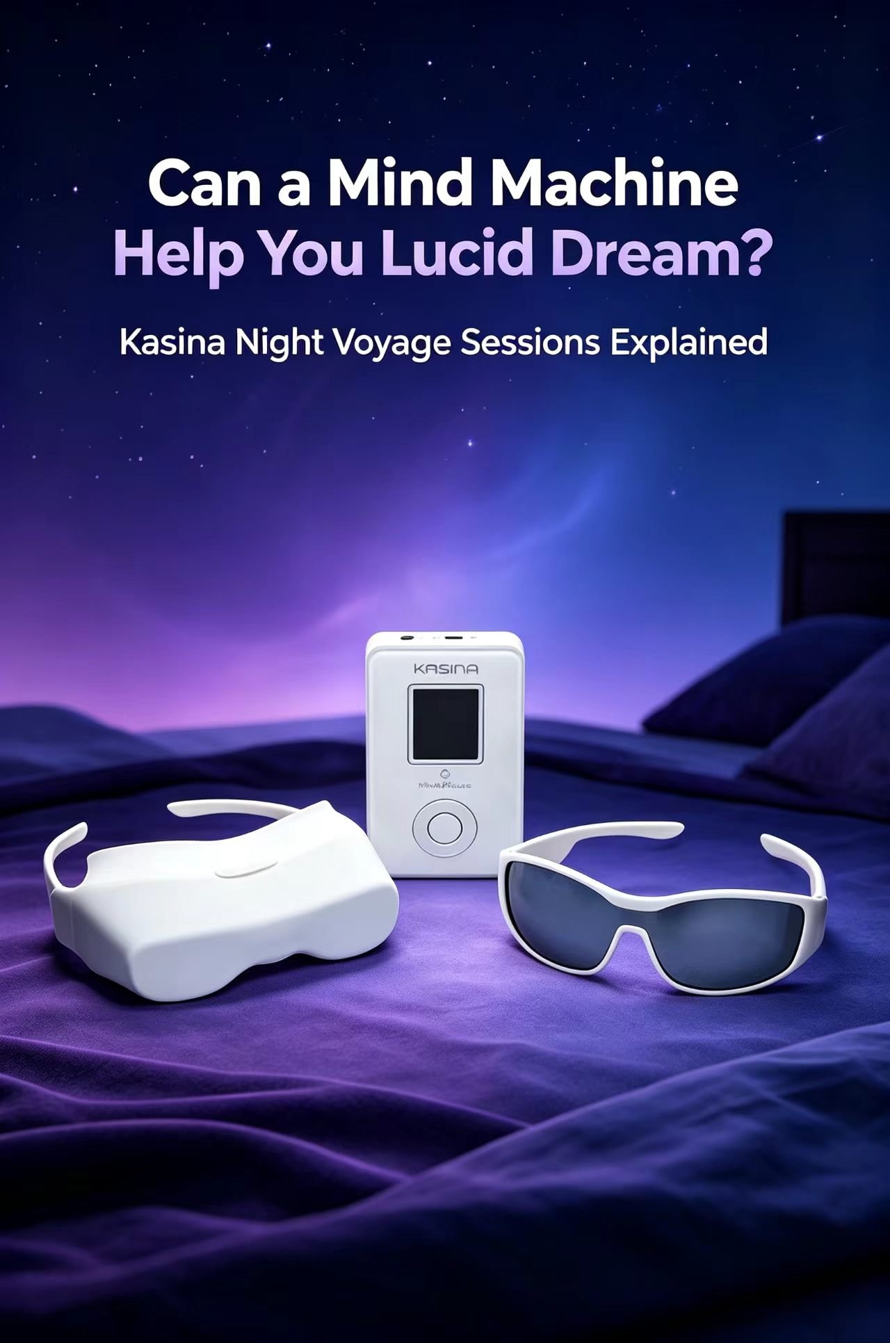 MindPlace Kasina AVS mind machine for lucid dreaming with dream-themed purple-blue ambient lighting.