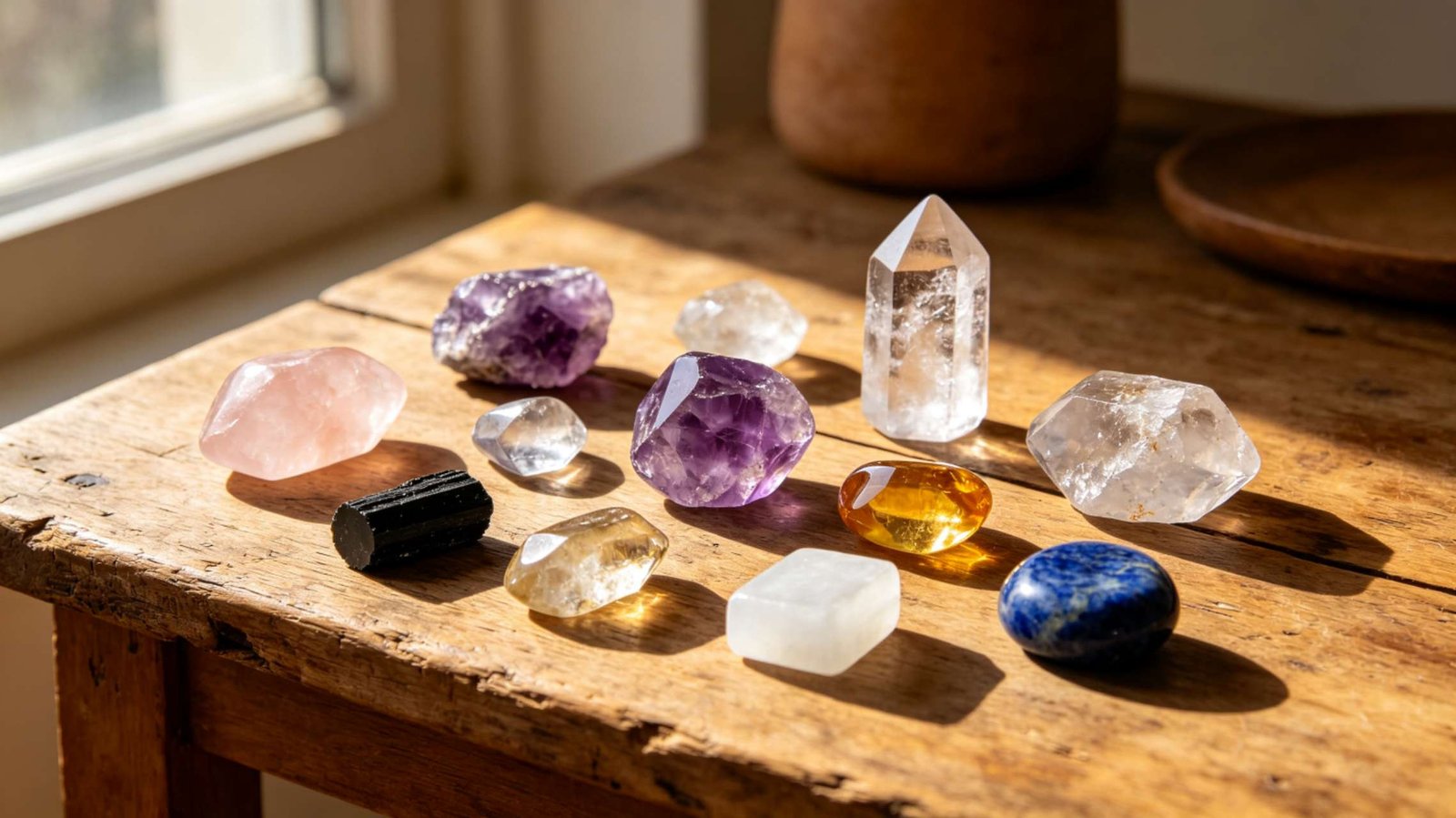Complete crystal healing guide with colorful healing crystals arranged on a wooden surface