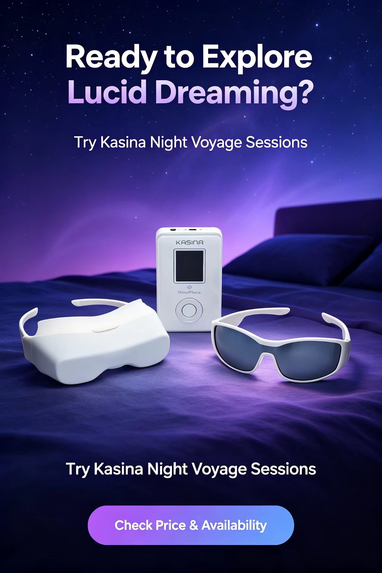 MindPlace Kasina mind machine against soft purple dream-like background for lucid dreaming call-to-action.