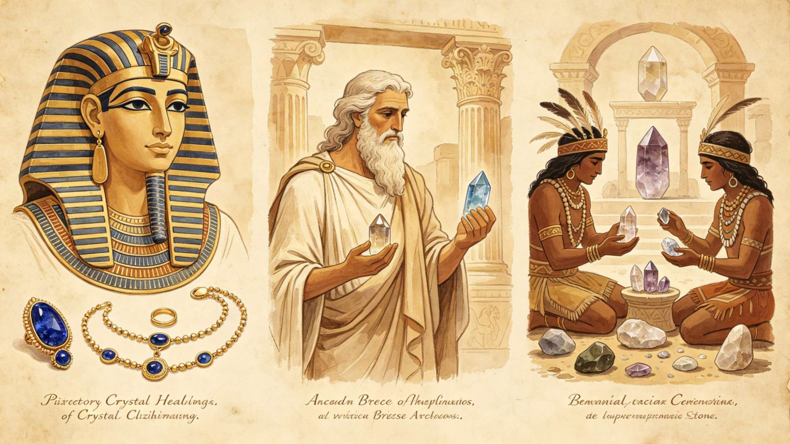 Ancient civilizations using crystals for healing including Egypt, Greece, and indigenous cultures