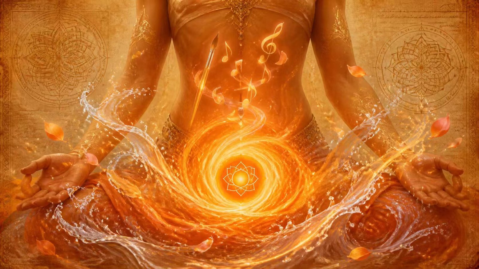 Sacral chakra overview illustration, glowing orange svadhisthana energy at lower abdomen, how to unblock sacral chakra