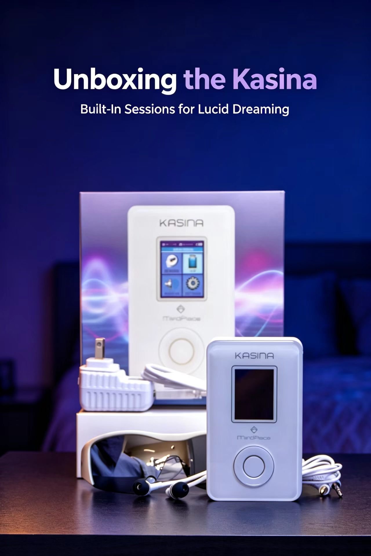 MindPlace Kasina full bundle including main unit, ganzframes light glasses and earbuds.
