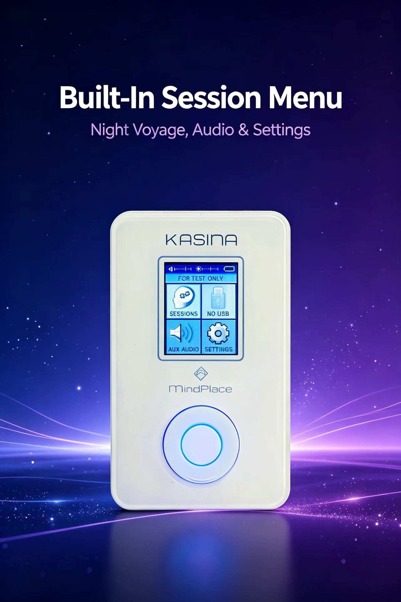 Close-up view of Kasina LCD menu showing Sessions, Aux Audio and Settings interface.