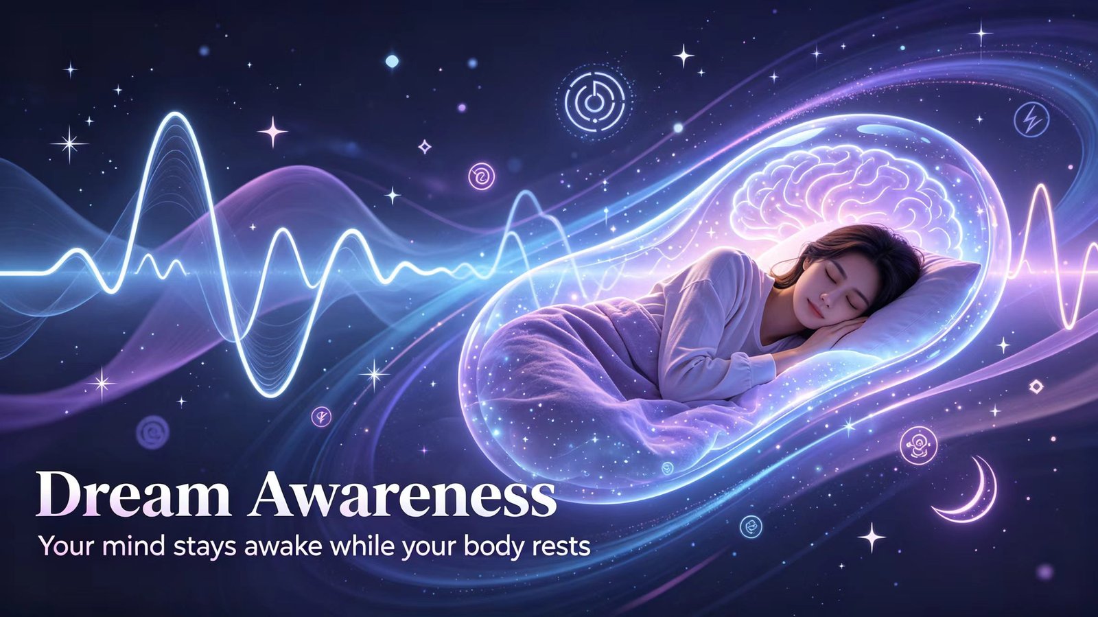 Dream awareness concept art with a sleeping person inside a soft glowing dream cocoon and brainwave light lines.