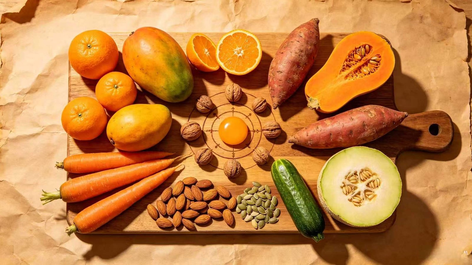 Orange fruits and vegetables for sacral chakra healing, food nutrition to balance svadhisthana