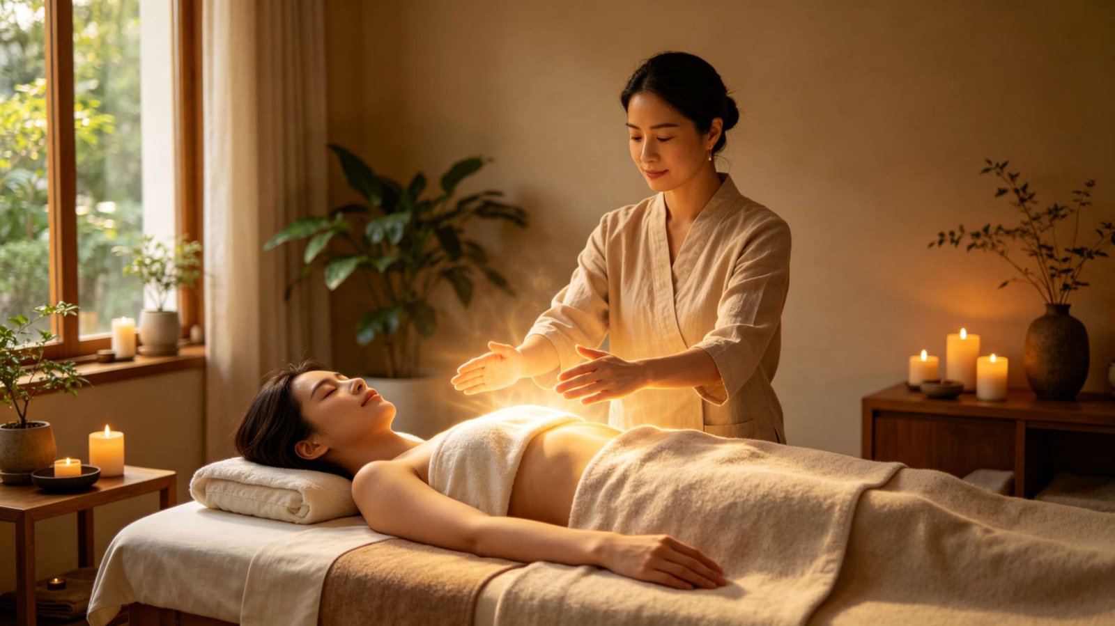 reiki training session with hands on or above the body