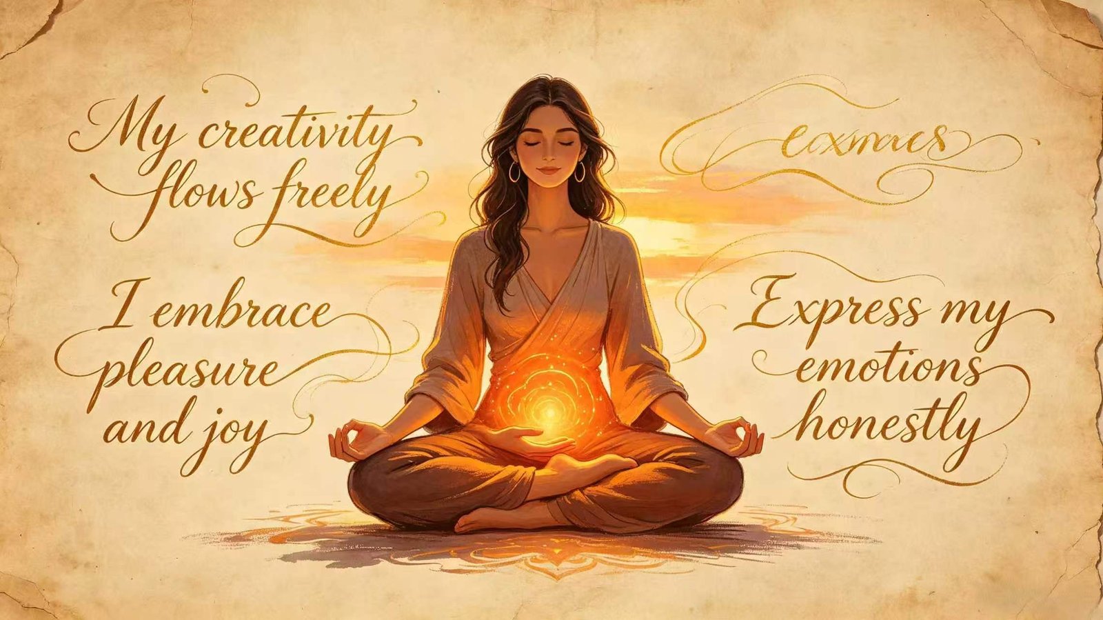 Sacral chakra affirmations meditation illustration, orange svadhisthana energy during spiritual practice