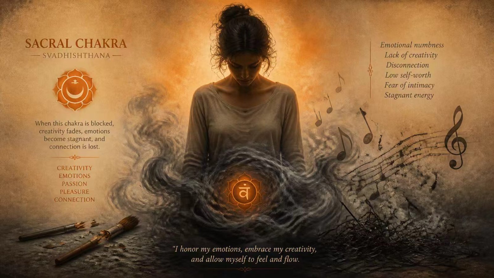 Blocked sacral chakra illustration showing stagnant energy, symptoms of closed svadhisthana chakra