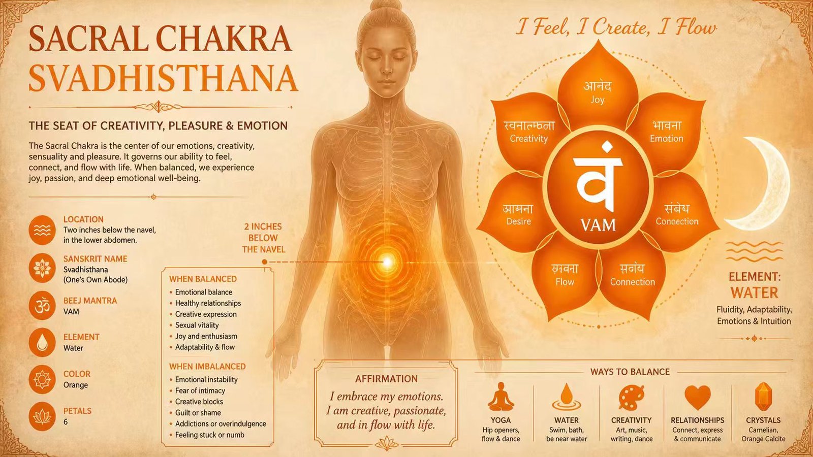 Sacral chakra Svadhisthana anatomical diagram, location, six petal lotus and VAM mantra symbol