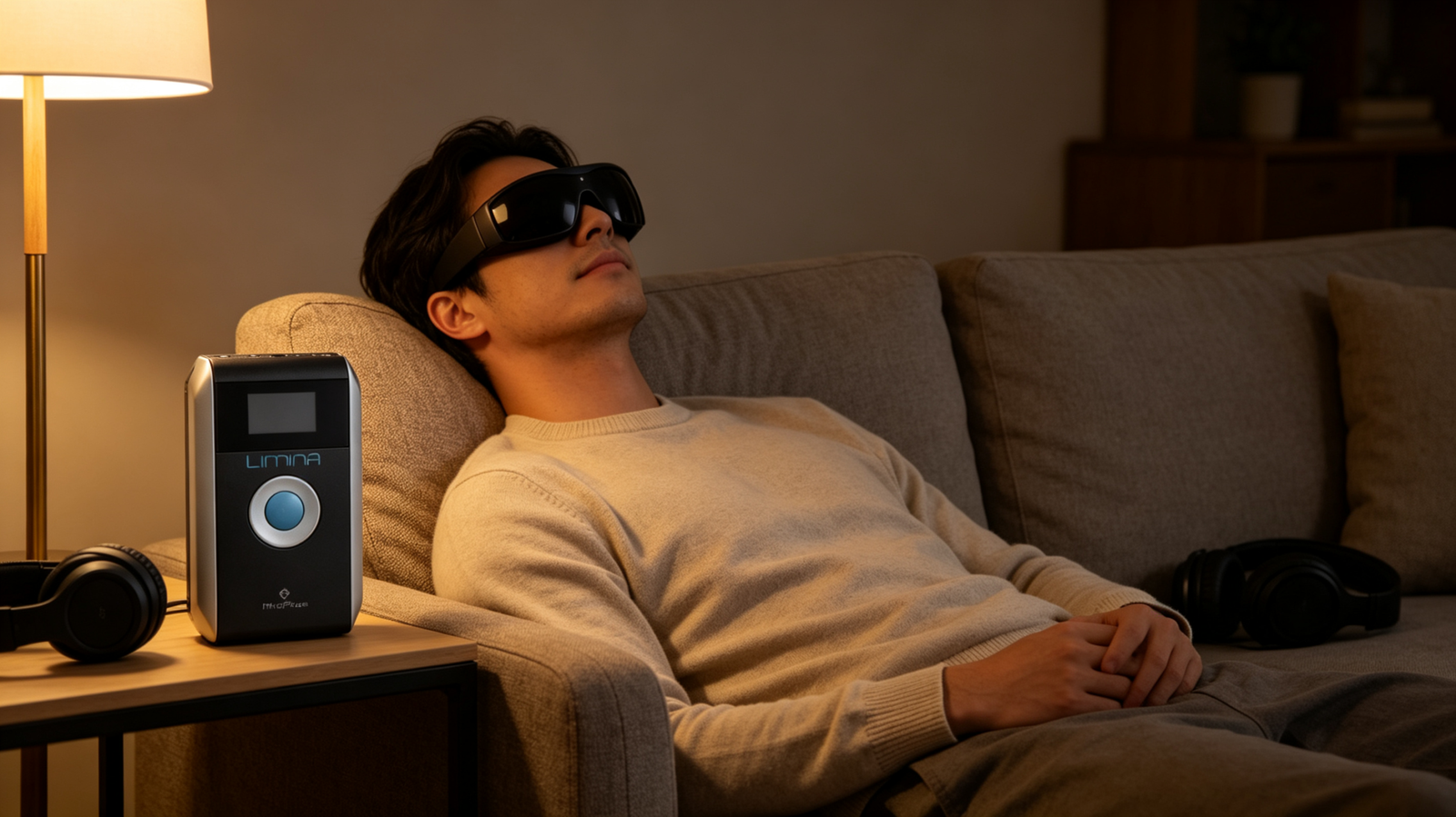 User relaxing in a chair while wearing MindPlace Limina AVS mind machine with GanzFrame light goggles