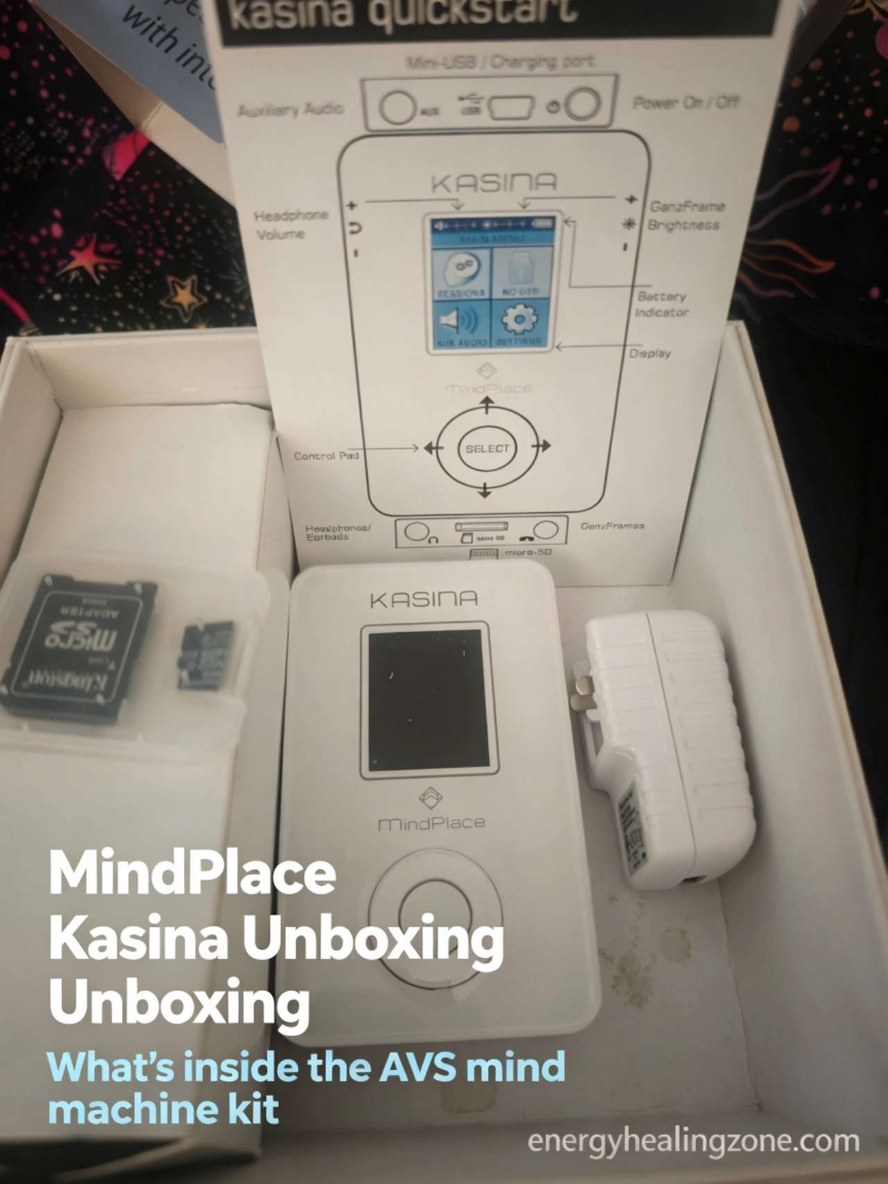 MindPlace Kasina unboxing main image showing host, quickstart guide, charger, memory card and packaging
