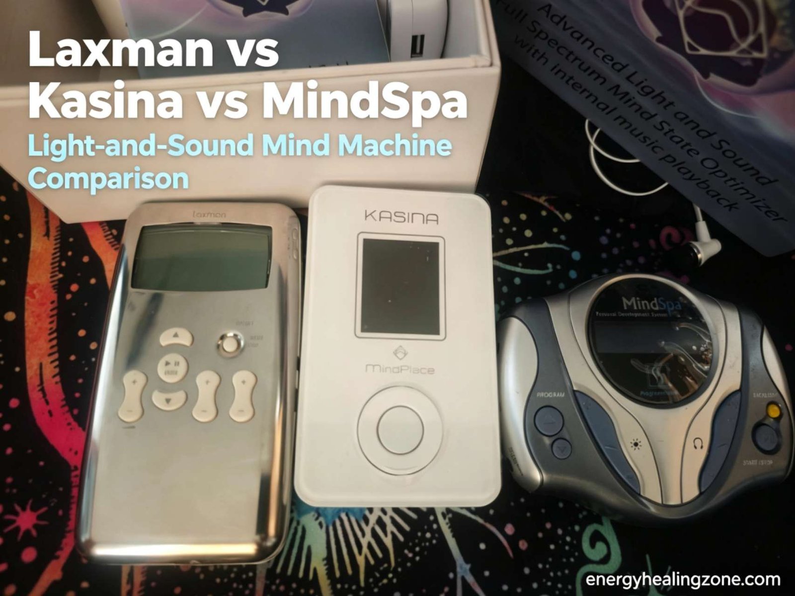 Laxman, MindPlace Kasina, and MindSpa light-and-sound devices side by side for comparison