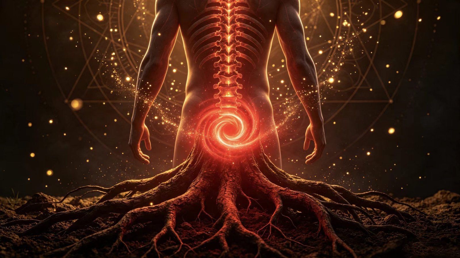 How to unblock root chakra fast guide with glowing red energy vortex and grounding tree roots, vintage parchment spiritual healing infographic