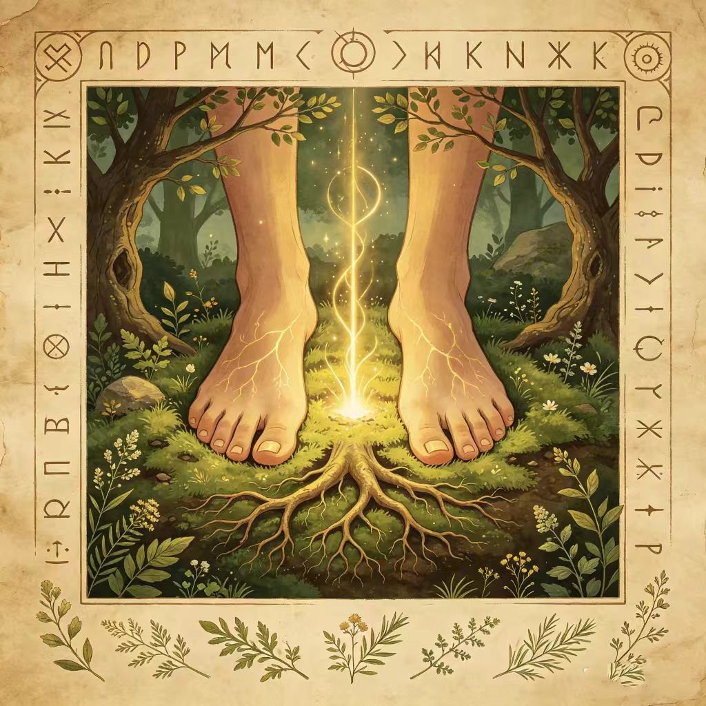 Barefoot earthing practice on green grass, golden earth energy flowing up through feet to ground and unblock root chakra, vintage style