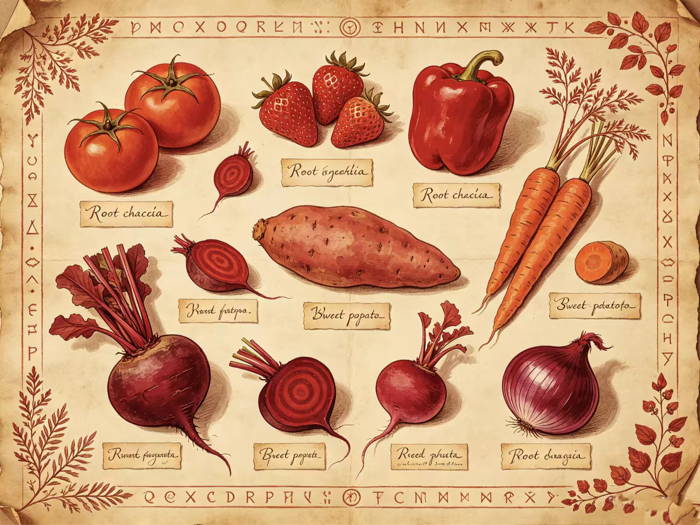 Root chakra foods flat lay: red tomatoes strawberries bell peppers carrots sweet potatoes beets radishes, vintage herbalist parchment illustration