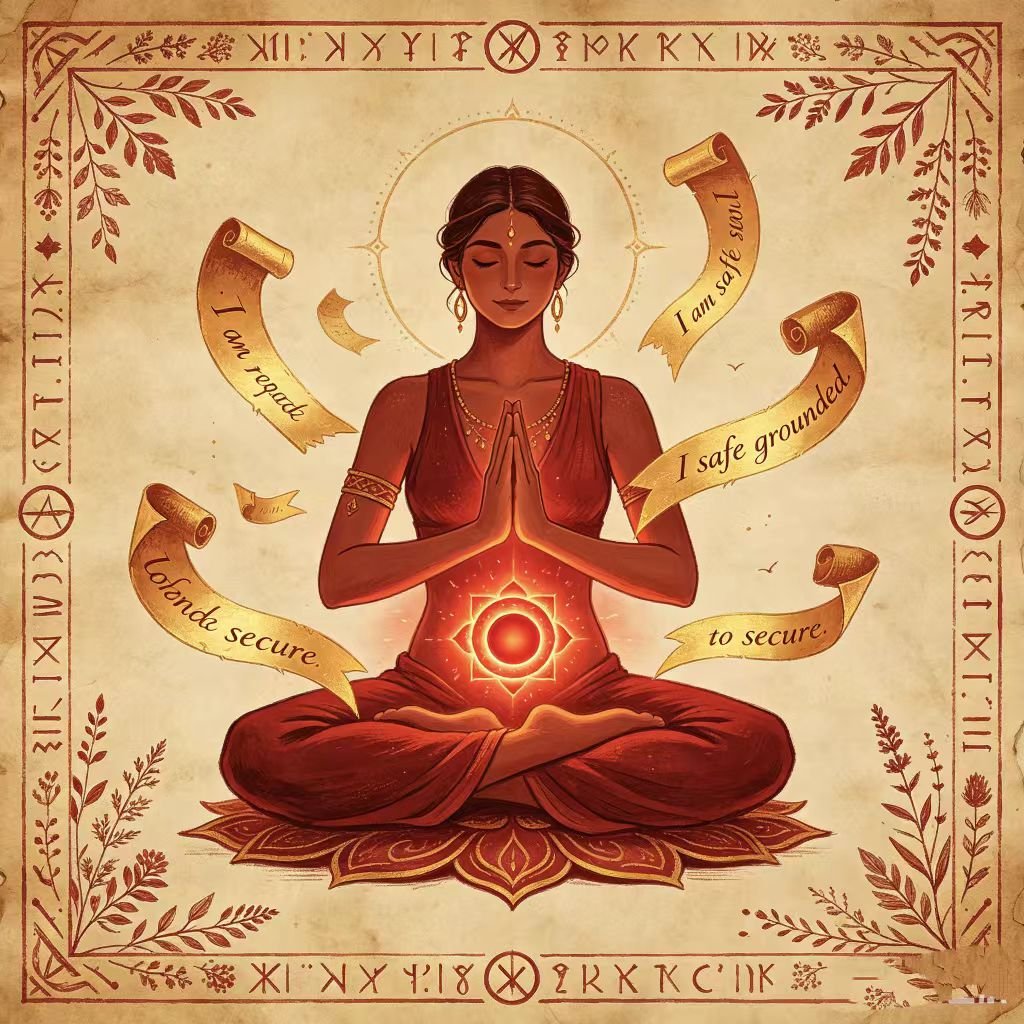 Meditation with root chakra affirmations, glowing red Muladhara energy at base of spine, I am safe grounded and secure, vintage parchment