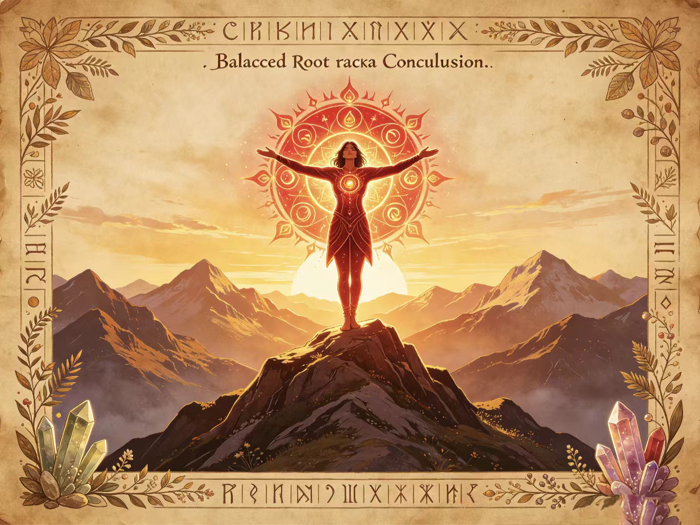 Balanced root chakra person standing on mountain peak at sunrise, grounded and powerful connected with earth energy, vintage parchment style