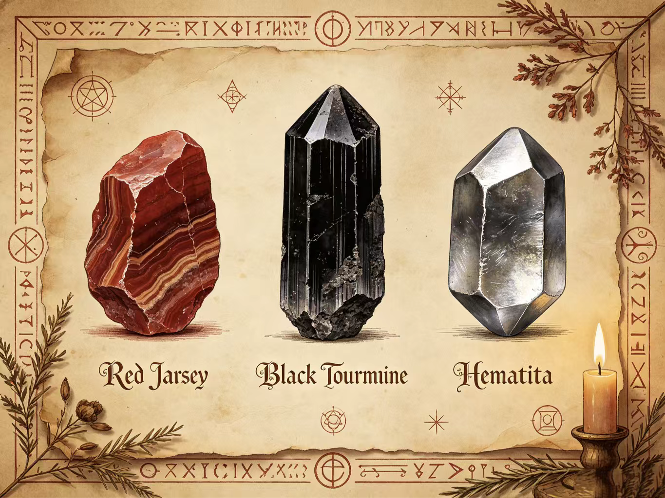 Best healing crystals for root chakra balance: Red Jasper, Black Tourmaline and Hematite stones on vintage parchment altar