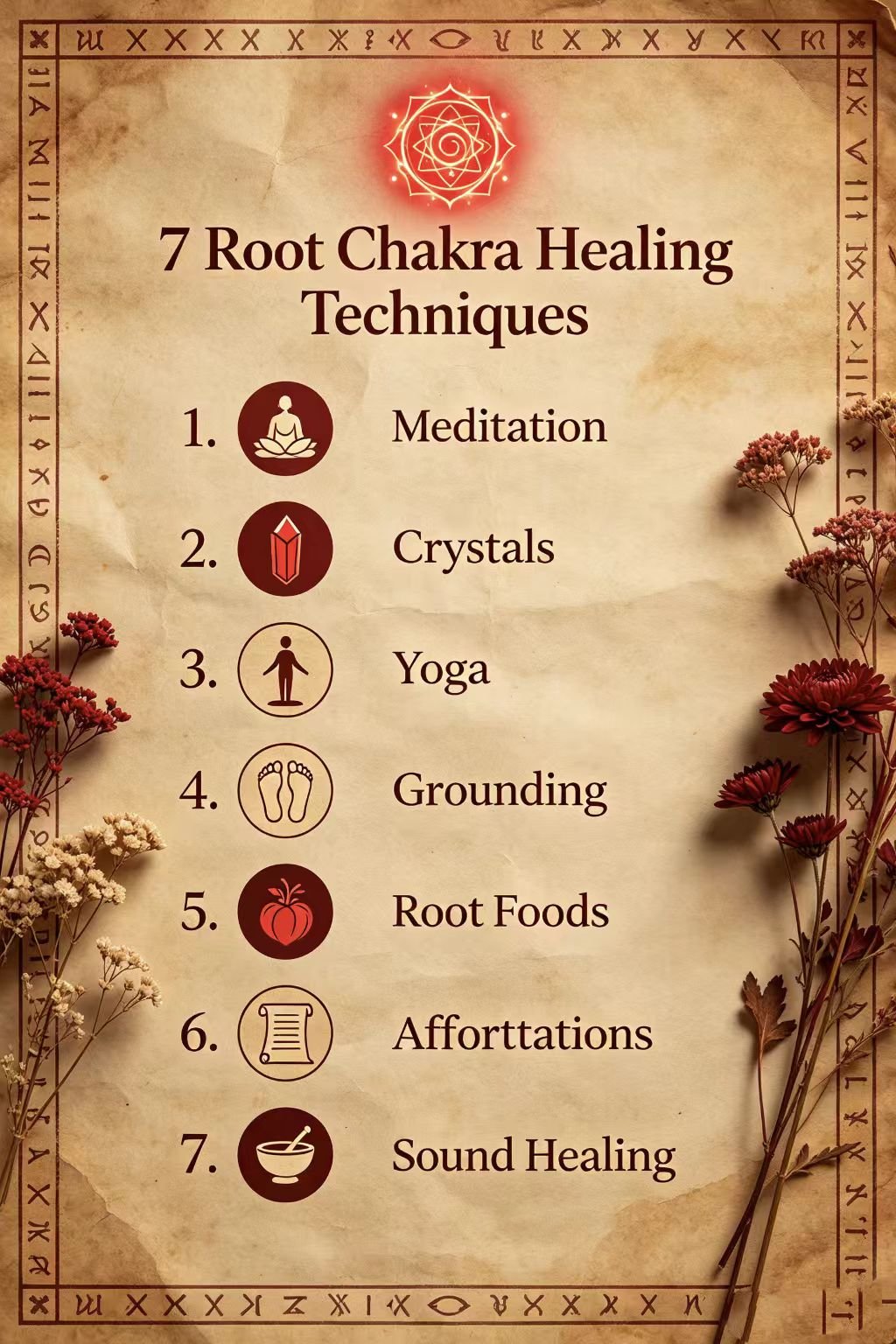 7 proven techniques to unblock root chakra fast vertical infographic, meditation sound healing crystals yoga affirmations grounding foods