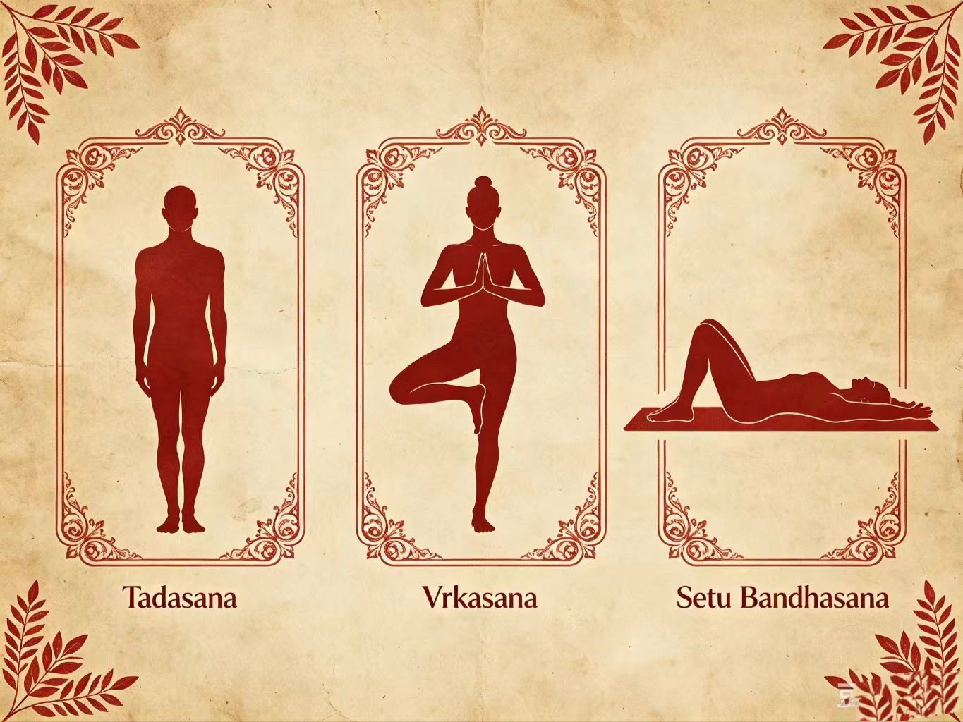 Grounding yoga poses for root chakra healing, Mountain Pose Tadasana Tree Pose Vrksasana Bridge Pose Setu Bandhasana, vintage parchment illustration