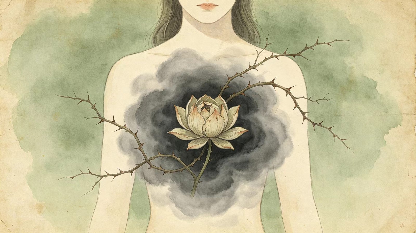 Blocked heart chakra symptoms illustration, stagnant green energy at chest, emotional isolation and inability to forgive signs