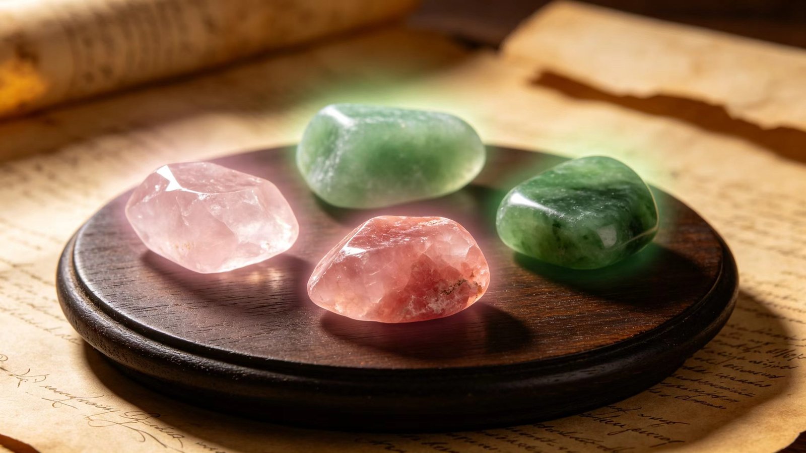 Heart chakra healing crystals, Rose Quartz, Green Aventurine, Malachite, Rhodonite for love, compassion and emotional healing