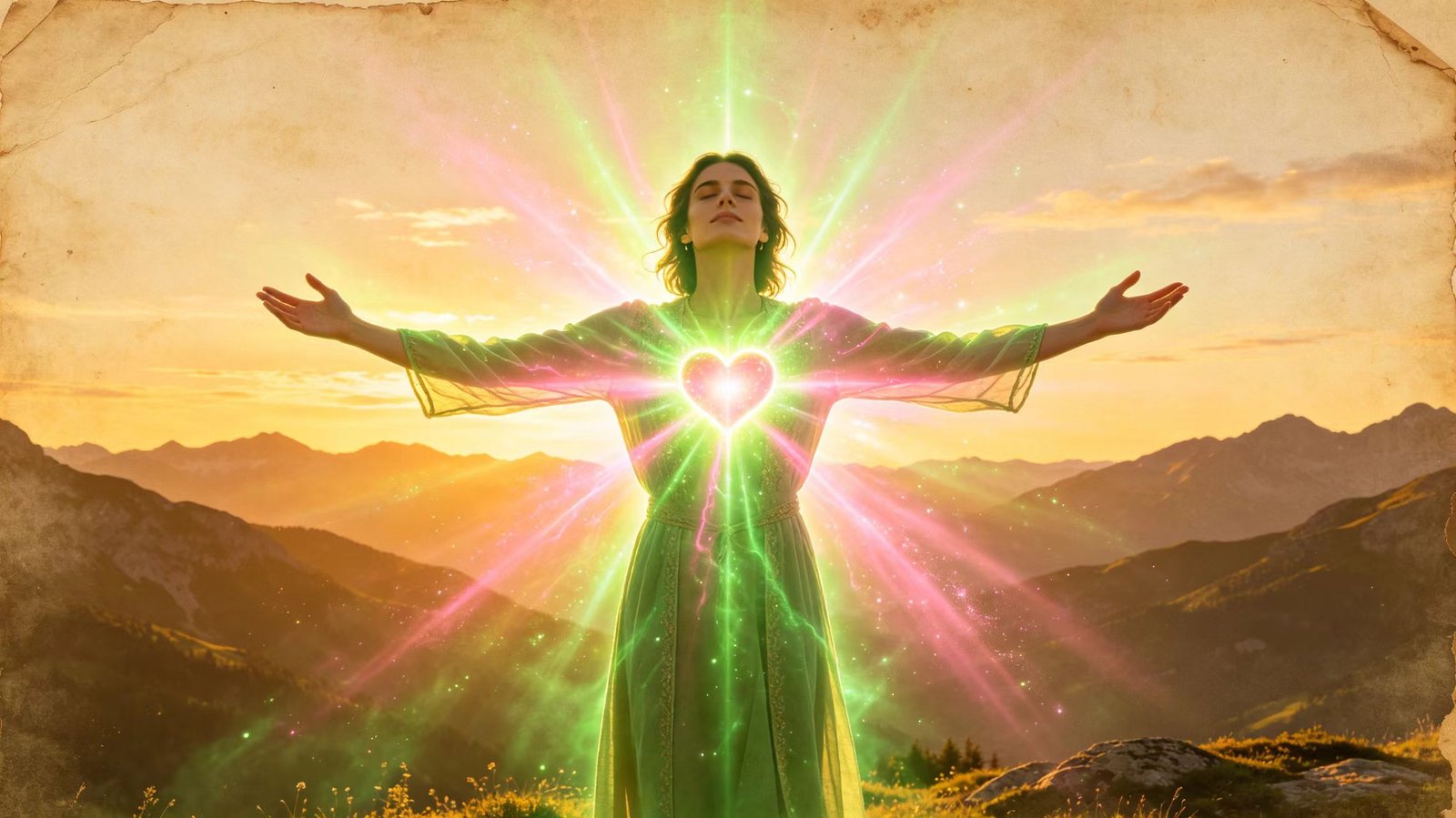 Balanced heart chakra, person with open heart radiating love and compassion, connected with green energy