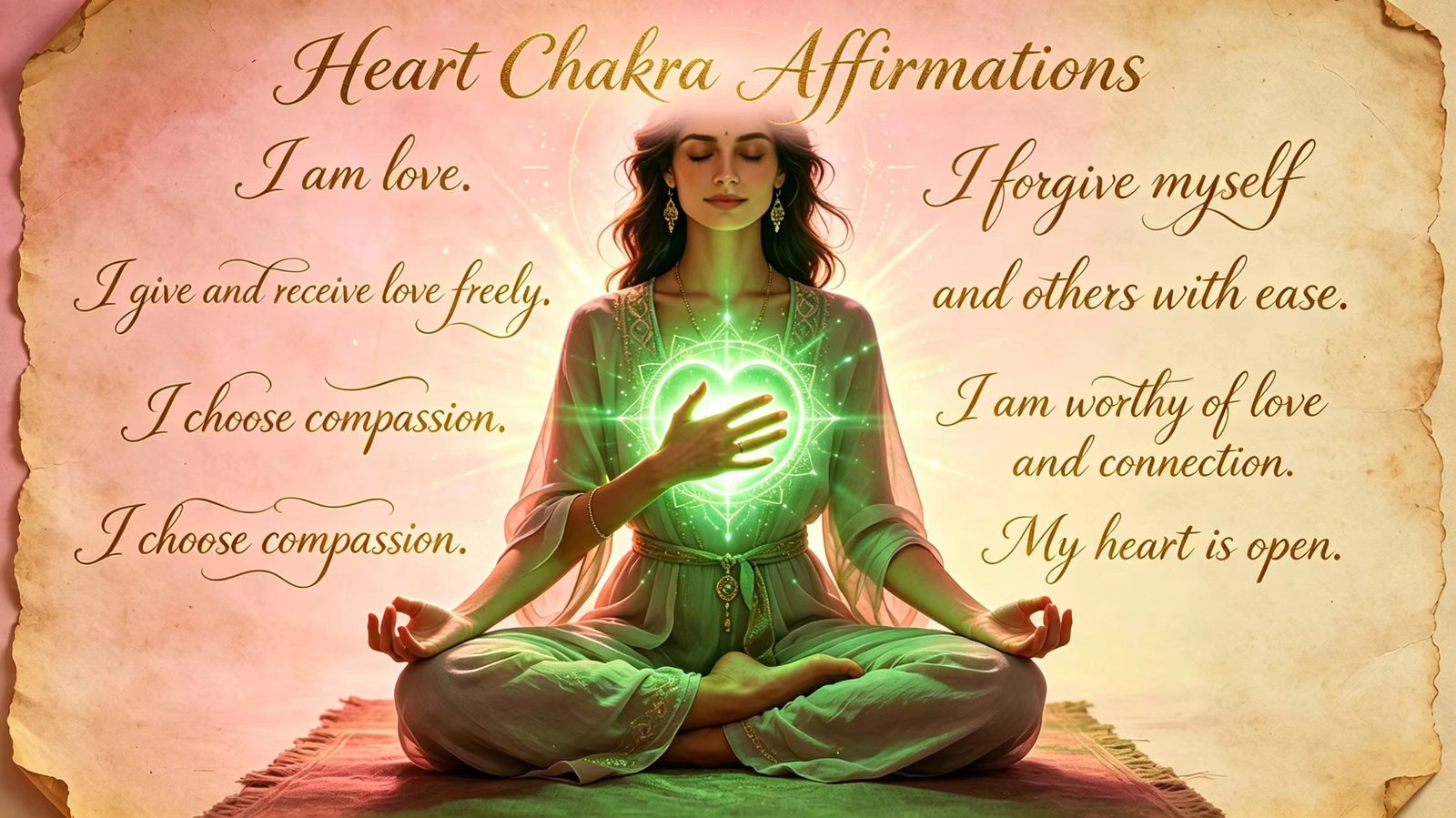 Heart chakra affirmations meditation, green energy glowing in chest, I give and receive love freely