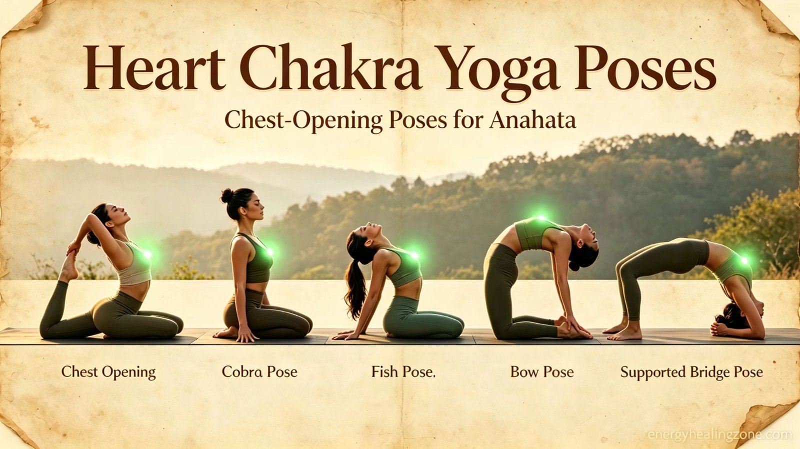 Chest-opening yoga poses for heart chakra healing, Camel Pose, Cobra Pose, Fish Pose, Bow Pose, Supported Bridge Pose