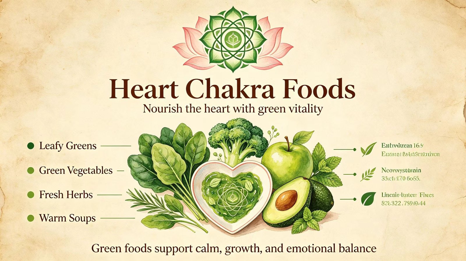 Green foods for heart chakra healing, leafy greens, avocados, broccoli, green apples, kiwi, green tea for Anahata balance