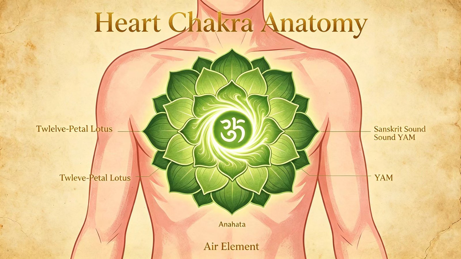 Heart chakra Anahata anatomical diagram, location in center of chest, twelve-petal lotus and YAM mantra symbol, green energy