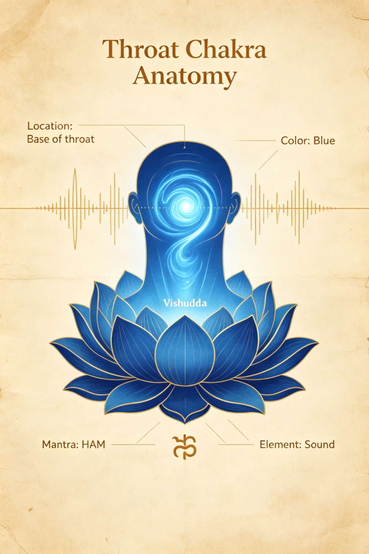 Throat chakra Vishuddha anatomical diagram, location at base of throat, sixteen-petal lotus and HAM mantra symbol, blue energy