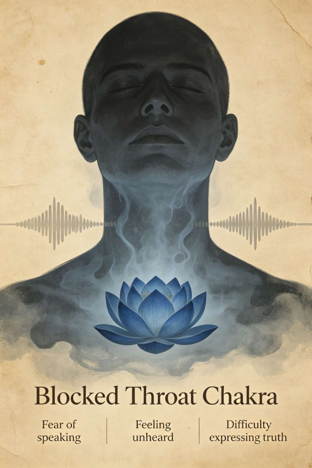 Blocked throat chakra symptoms illustration, stagnant blue energy at throat, fear of speaking and inability to express truth signs