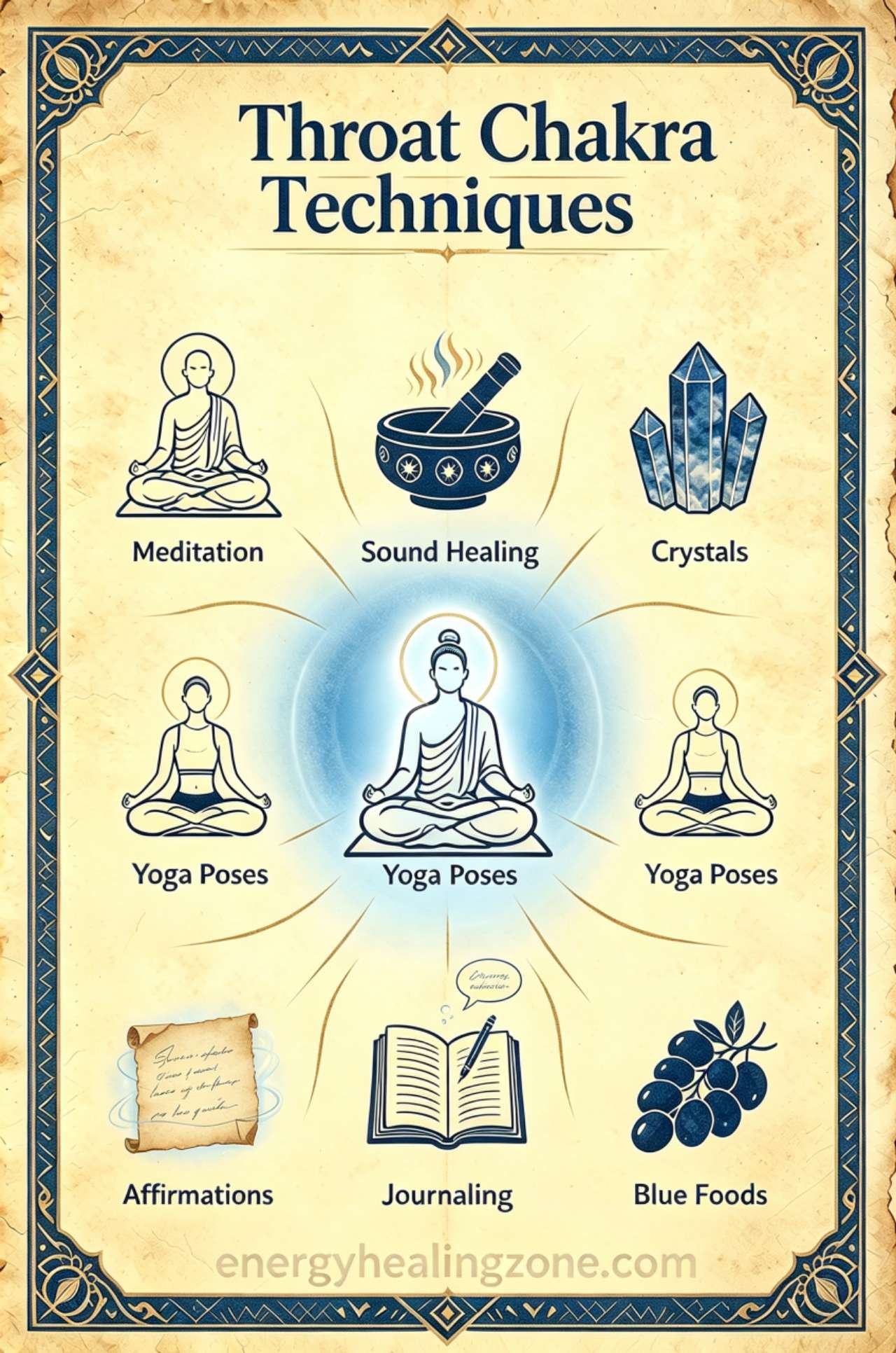 7 throat chakra healing techniques infographic, throat meditation, HAM mantra sound healing, blue crystals, shoulder stand yoga, throat chakra affirmations, journaling and vocal practice, blue foods