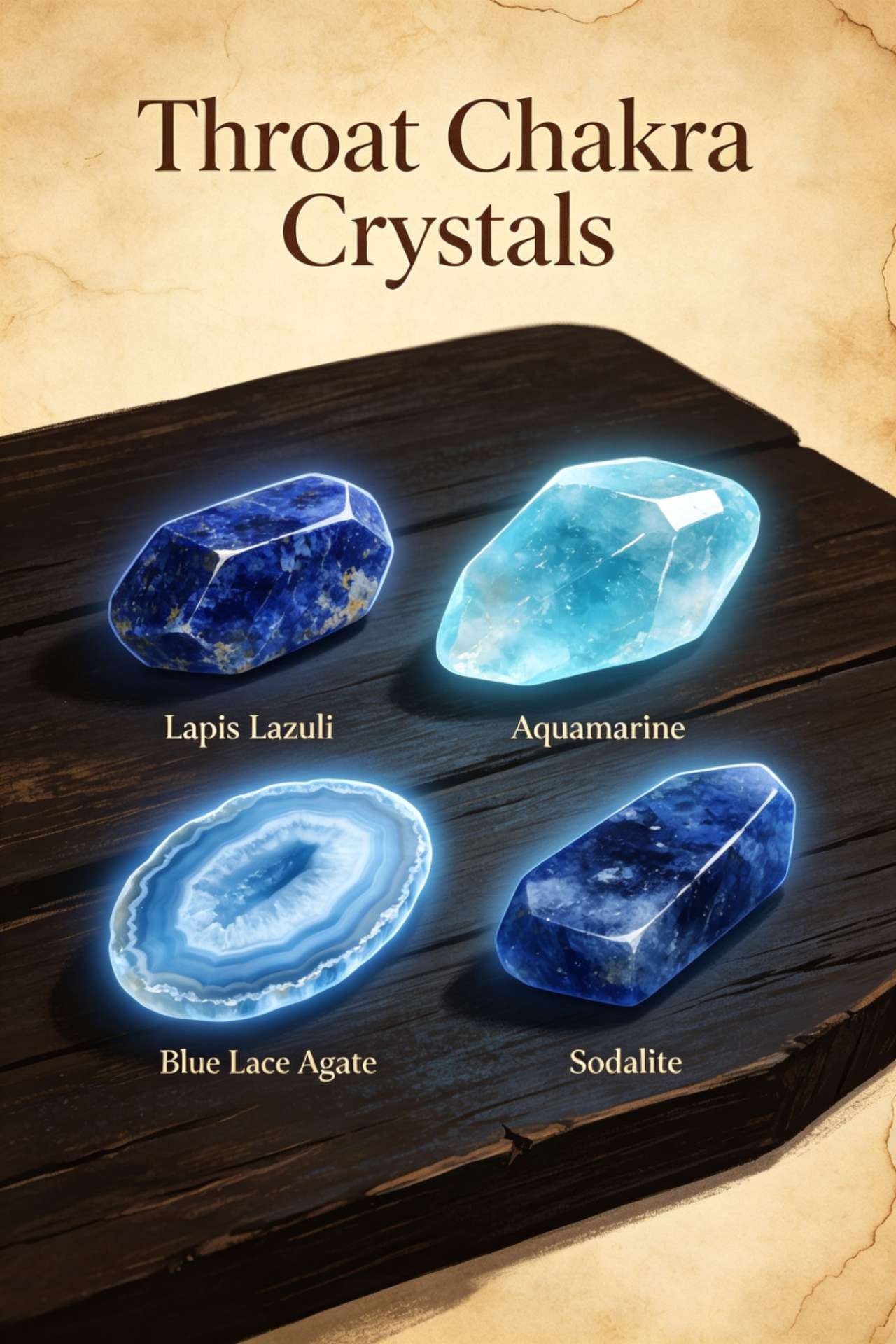 Throat chakra healing crystals, Lapis Lazuli, Aquamarine, Blue Lace Agate, Sodalite for clear communication, truth and self-expression