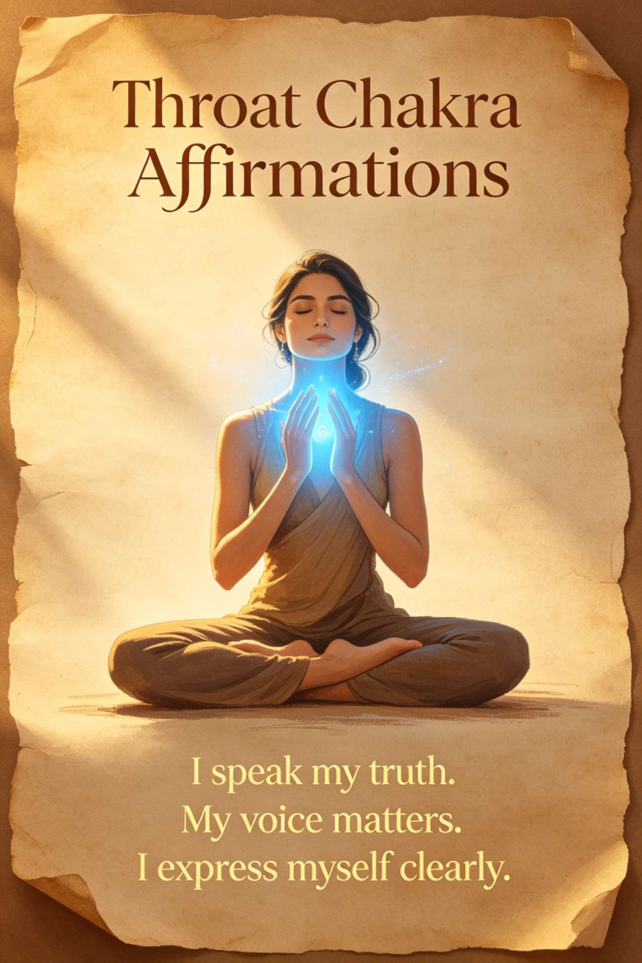 Throat chakra affirmations meditation, blue energy glowing at throat, I speak my truth with confidence and clarity