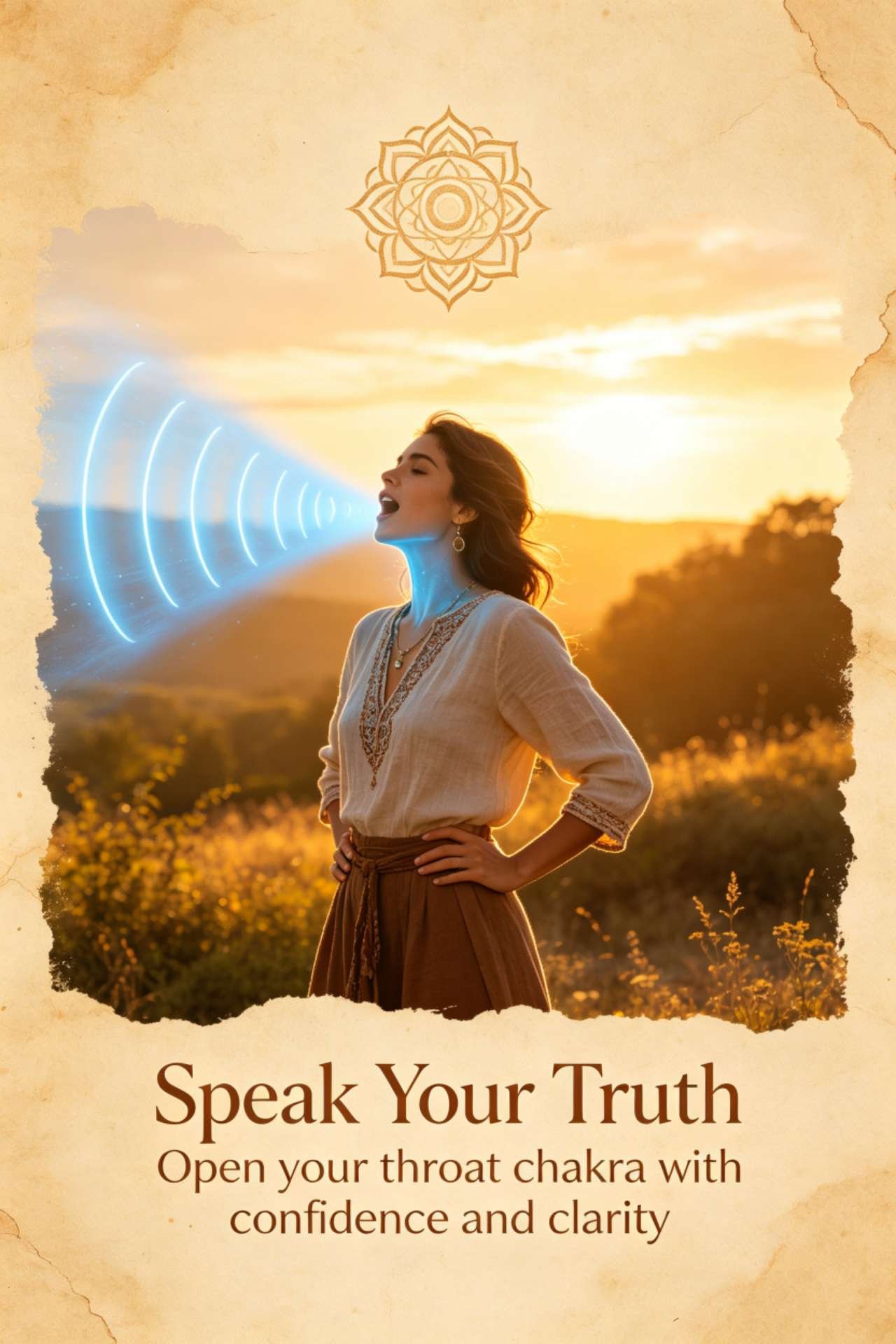 Balanced throat chakra, person speaking with confidence and clarity, radiating blue energy and authentic self-expression