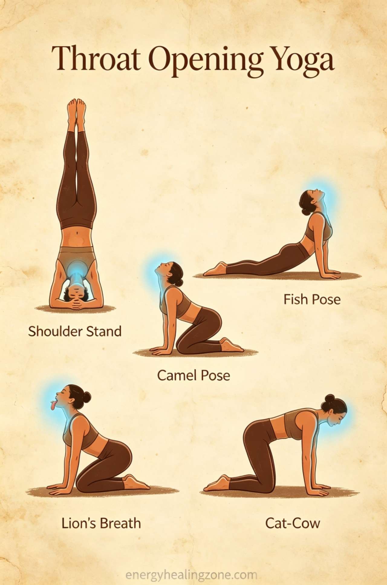 Throat-opening yoga poses for throat chakra healing, Shoulder Stand, Fish Pose, Camel Pose, Lion's Breath, Cat-Cow Pose