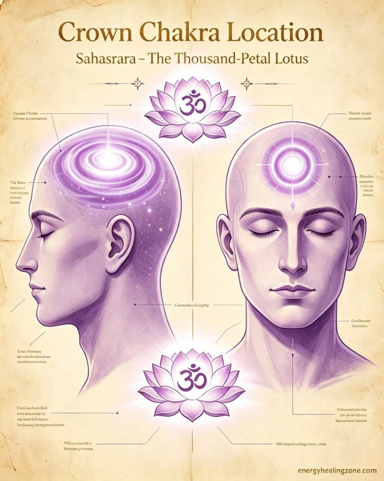 Crown chakra Sahasrara anatomical diagram, location at top of head, thousand-petal lotus and OM symbol, violet-white energy