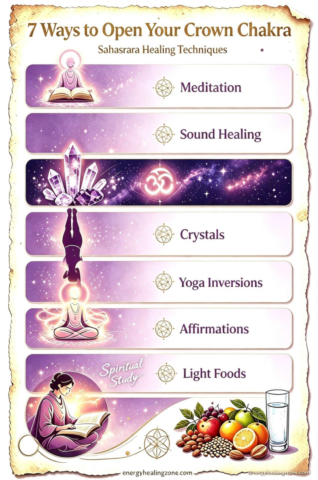 7 crown chakra healing techniques infographic, silent meditation, OM sound healing, clear quartz crystals, headstand yoga, crown affirmations, spiritual study, light foods