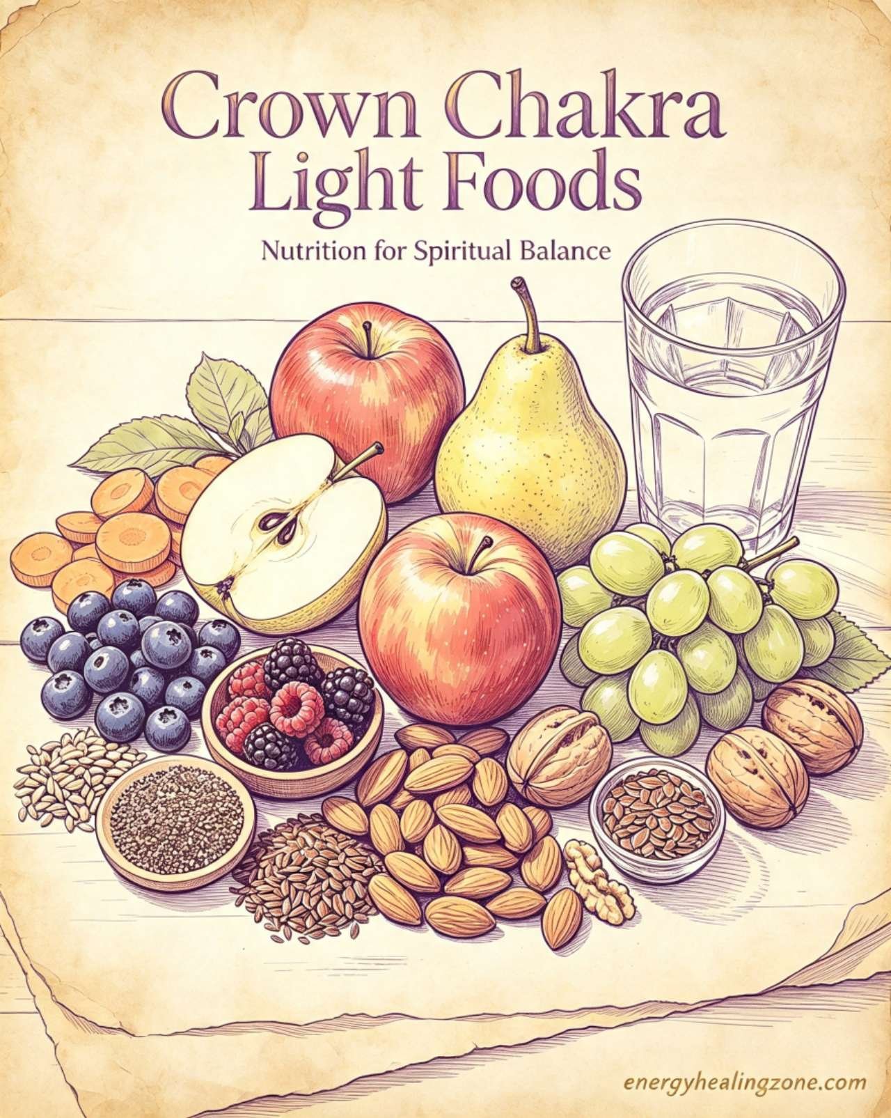 Light foods for crown chakra healing, fresh fruits, nuts, seeds, pure water for spiritual clarity and higher consciousness