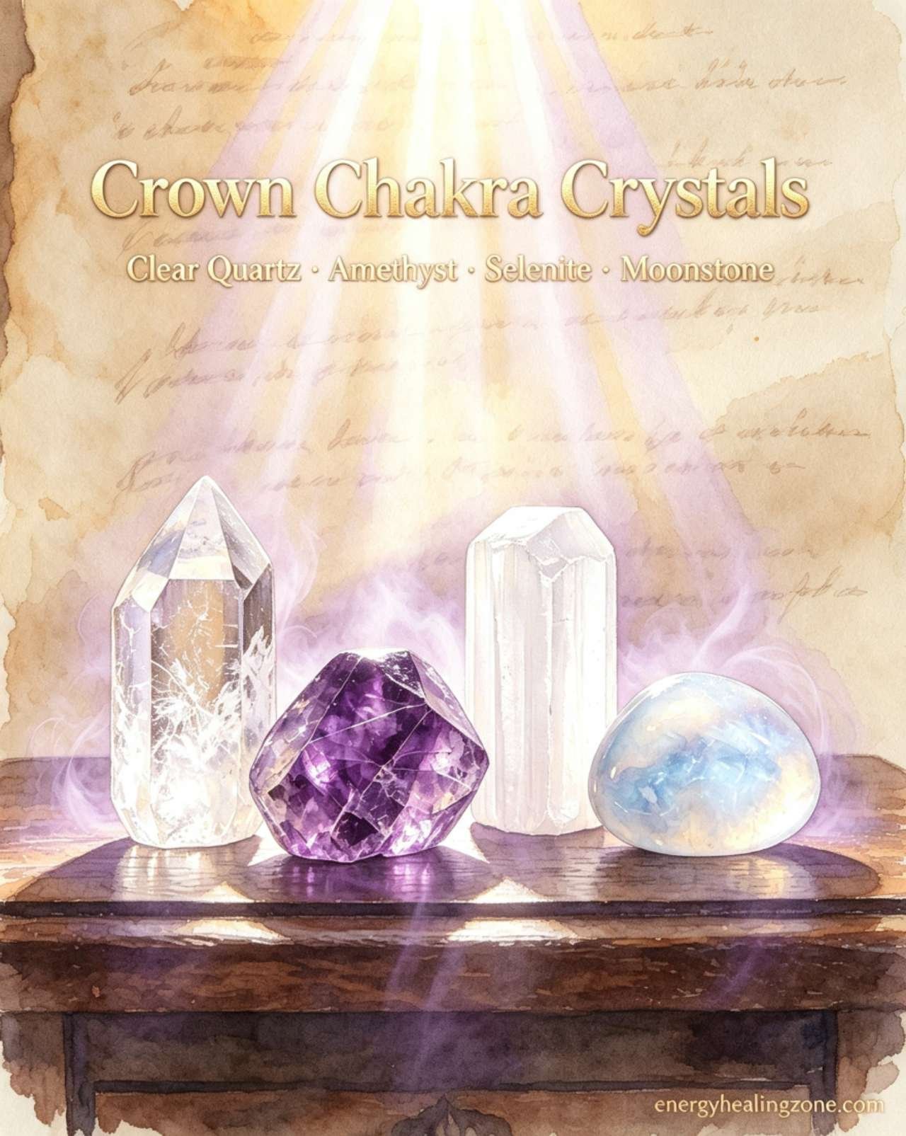 Crown chakra healing crystals, Clear Quartz, Amethyst, Selenite, Moonstone for spiritual connection and divine wisdom