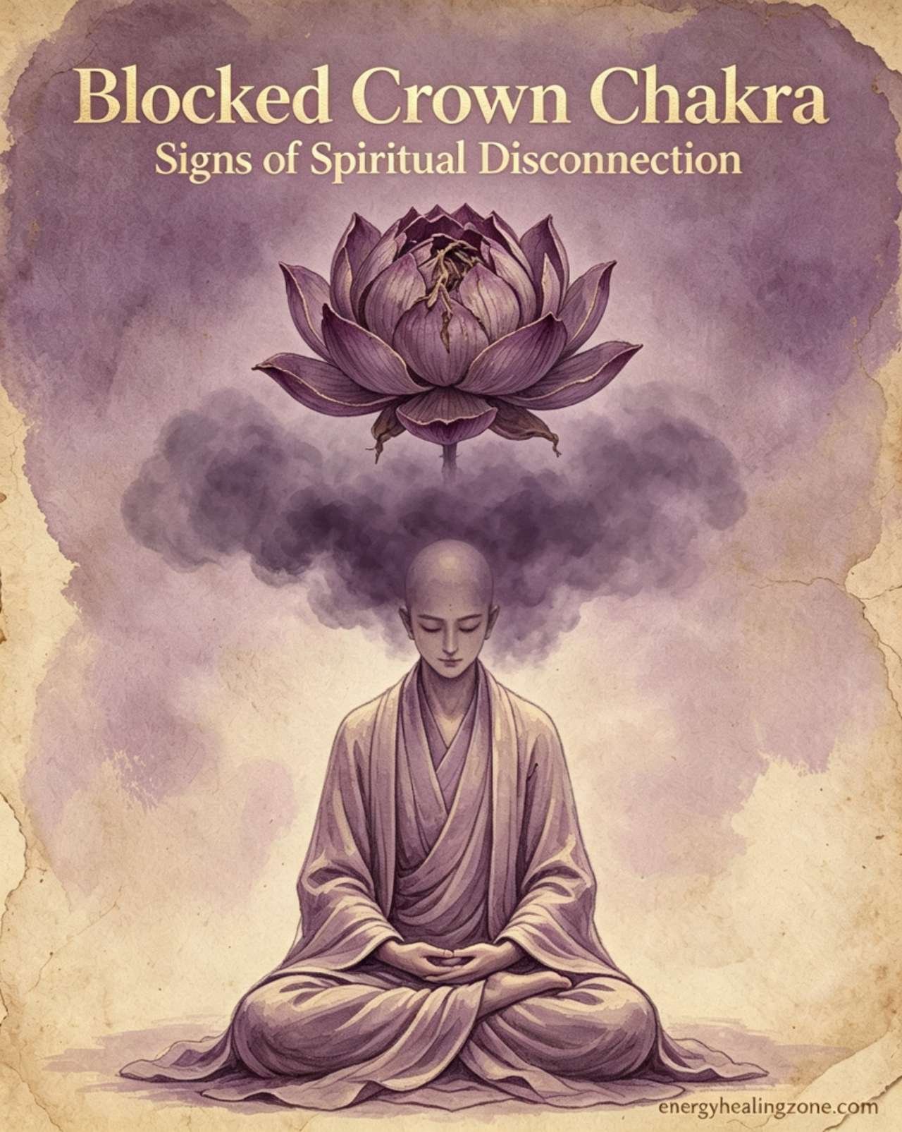 Closed crown chakra symptoms illustration, stagnant energy at top of head, spiritual disconnection and lack of purpose signs