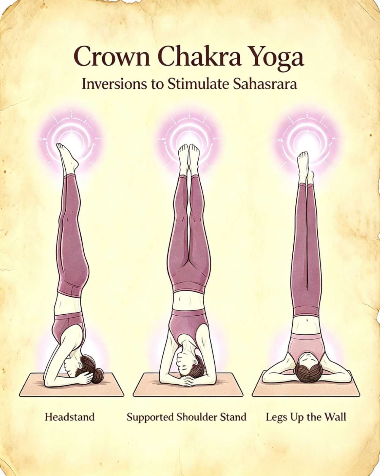 Crown chakra yoga poses, Headstand, Supported Shoulder Stand, Legs Up the Wall for spiritual connection and crown activation
