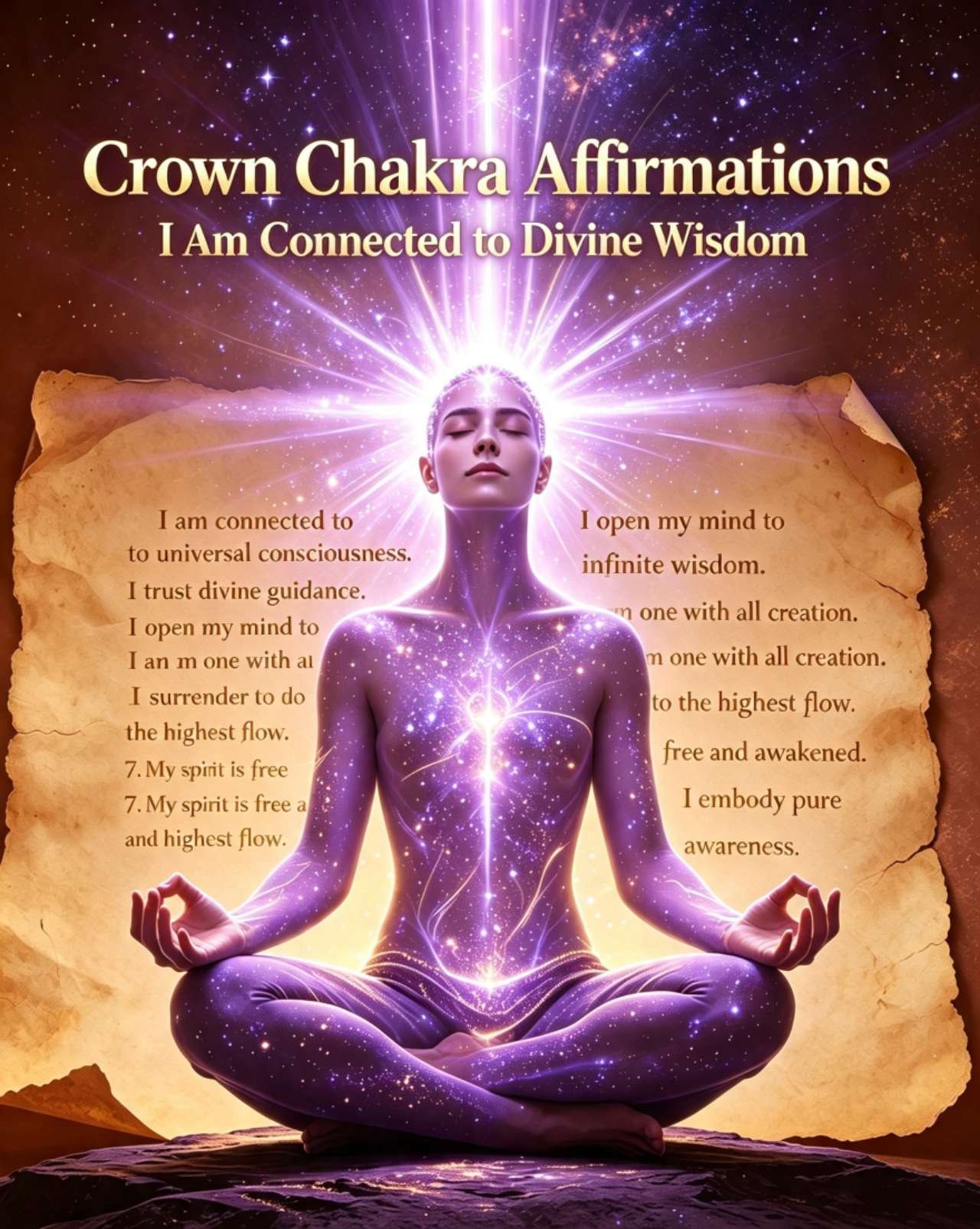 Crown chakra affirmations meditation, violet-white light at top of head, I am connected to divine wisdom and universal consciousness