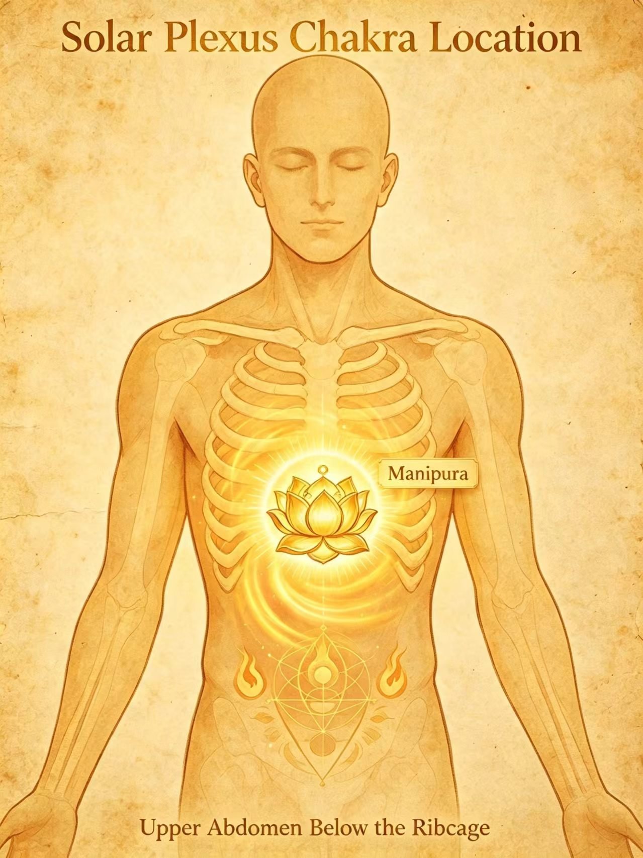 Solar plexus chakra Manipura anatomical diagram, location at upper abdomen below ribcage, ten-petal lotus and RAM mantra symbol, yellow energy